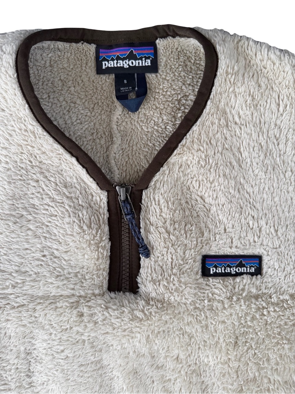 Warm Cozy Patagonia Women’s Cream Sherpa Zip-Neck Sweater with Brown Trim Size S - Picture 2 of 5